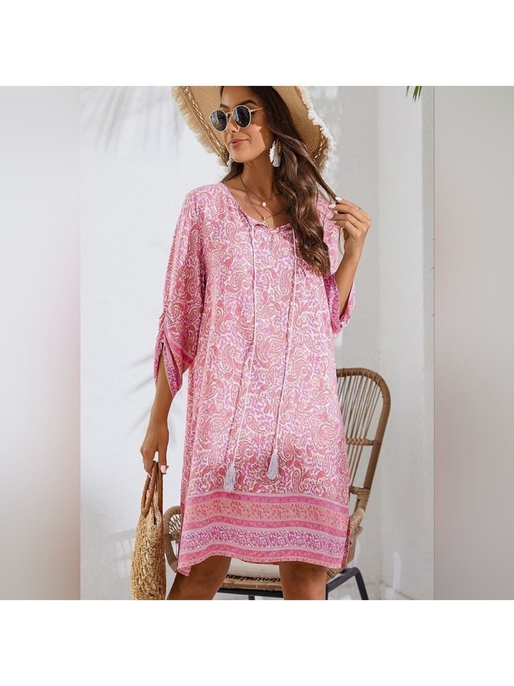 Hotouch Women Casual Pink Summer Beach Dress Boho 3/4 Sleeve Size large